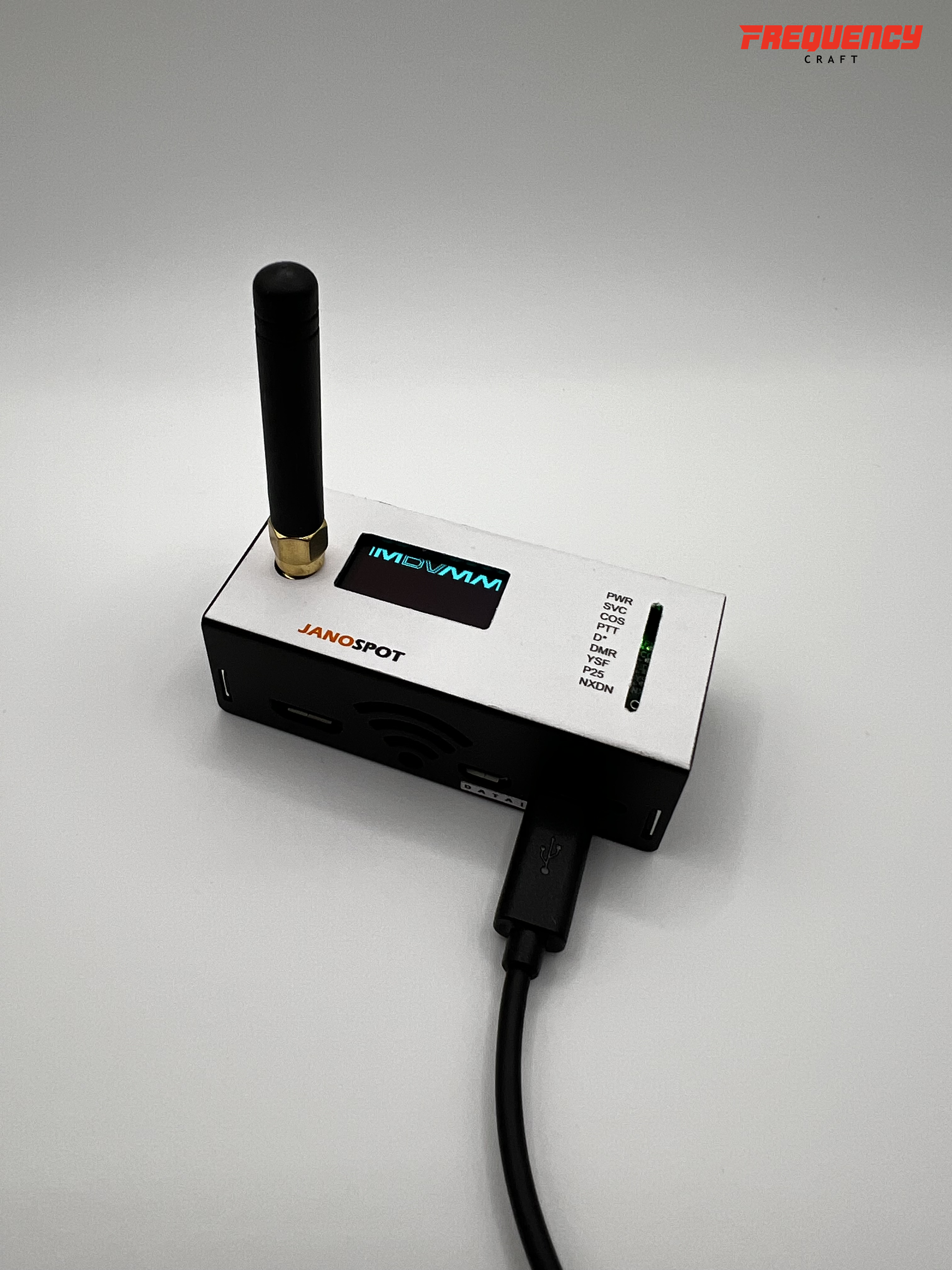 JanoSpot Lite 2 powered on with antenna and OLED display